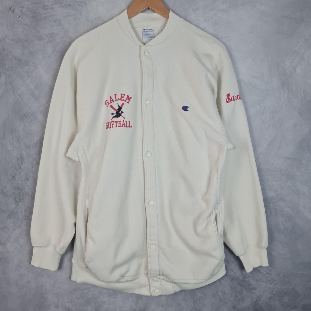 Vintage Champion Reverse Weave Cardigan Mens 2XL White Softball Varsity USA 90s